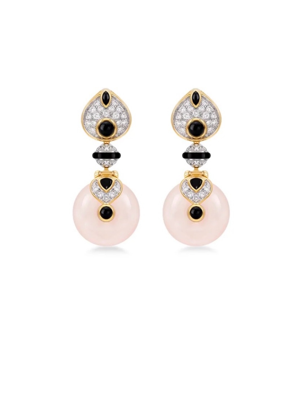 Pink Pearl Drop Earrings with Black and Gold Accents